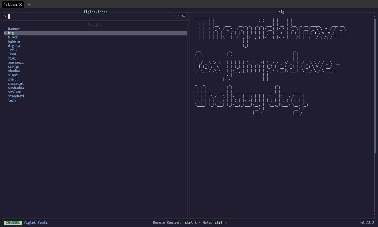 tv running the figlet-fonts channel