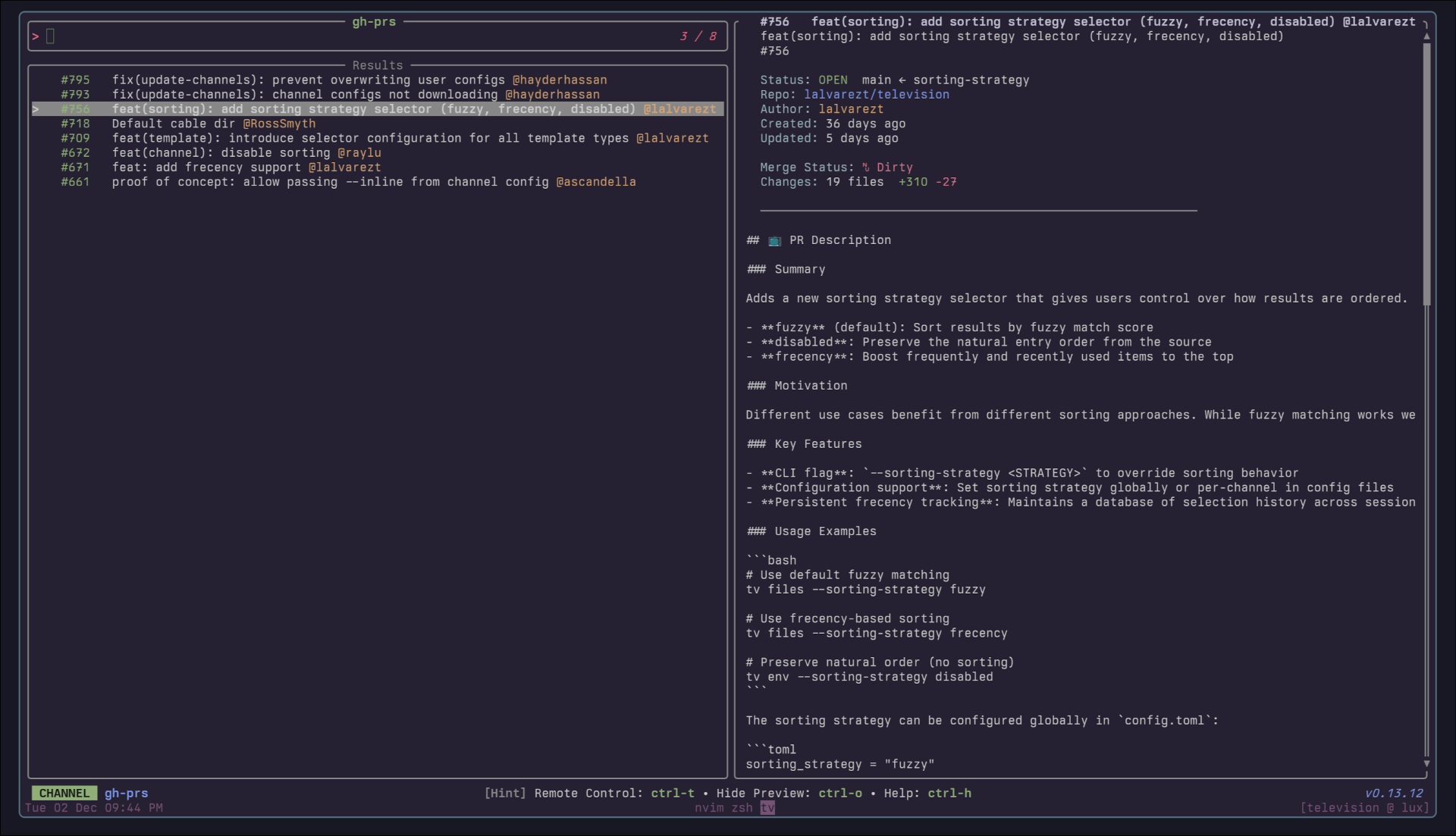tv running the gh-prs channel